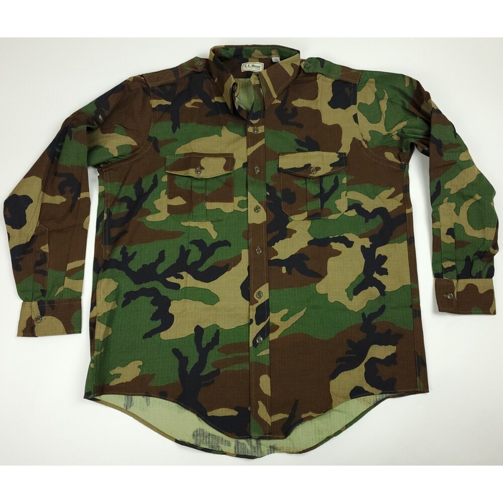 LARGE Vintage L.L. Bean Camouflage Camo Button Down L/S Shirt 16-16 1/2 EUC